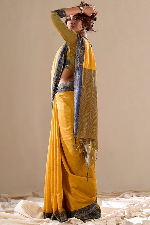 Load image into Gallery viewer, Energetic Yellow Cotton Silk Saree With Attractive Blouse Piece
