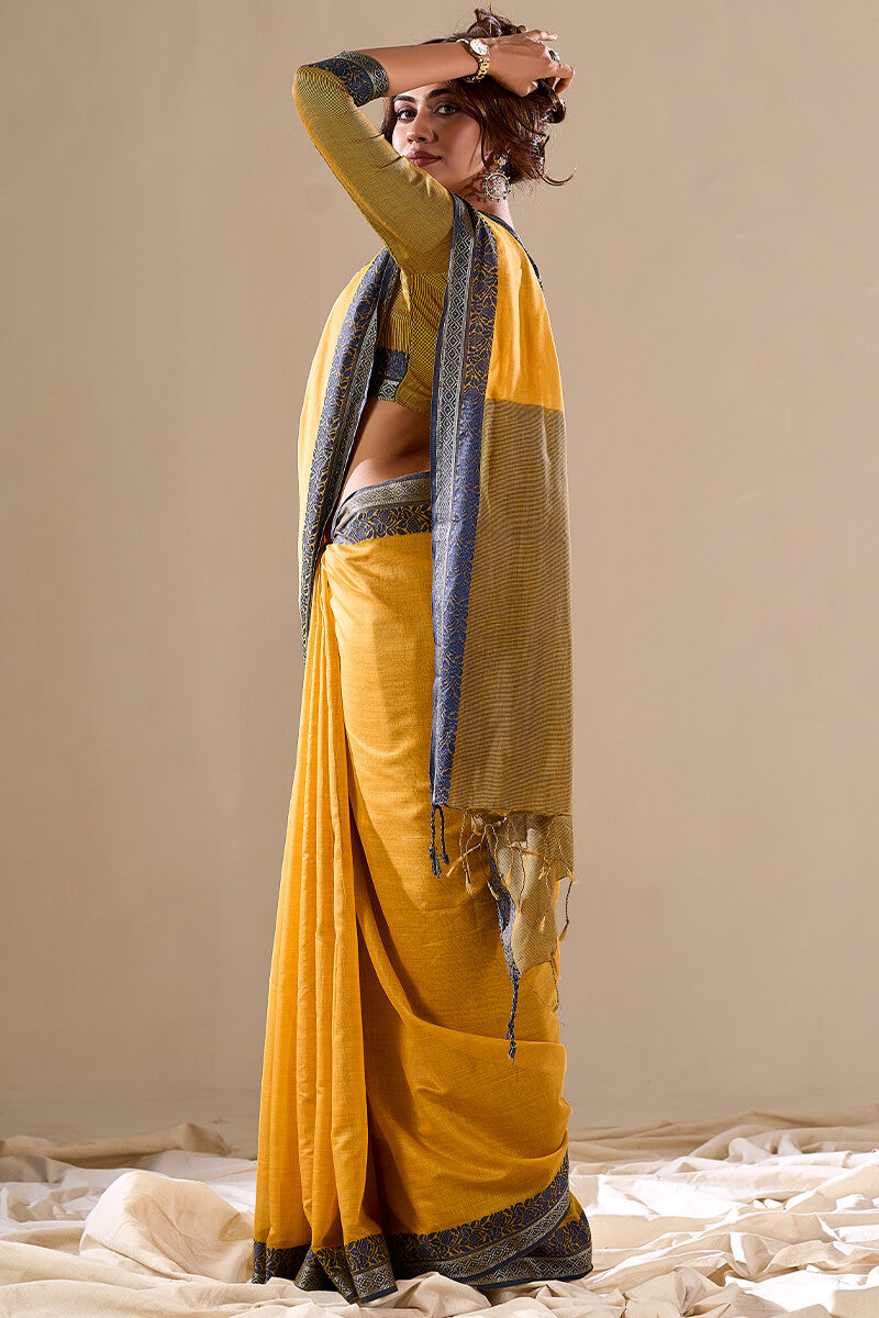 Energetic Yellow Cotton Silk Saree With Attractive Blouse Piece