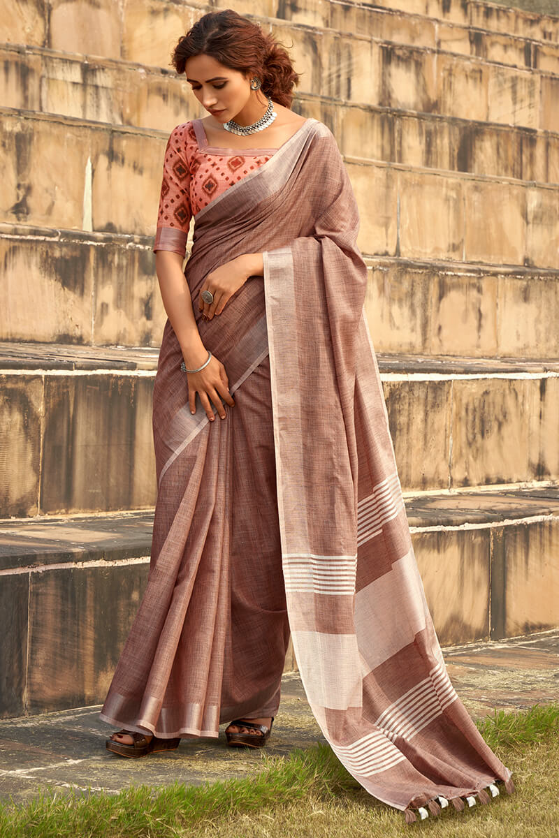 Bewitching Brown Cotton Silk Saree With Gossamer Blouse Piece