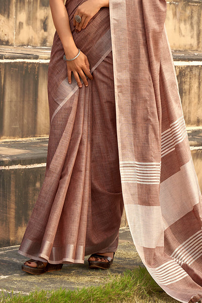 Bewitching Brown Cotton Silk Saree With Gossamer Blouse Piece