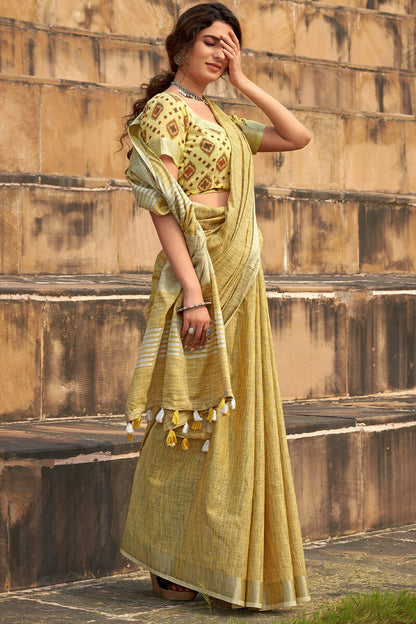 Mesmerising Mustard Cotton Silk Saree With Felicitous Blouse Piece