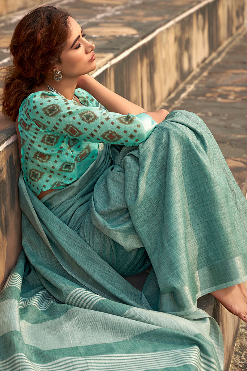 Lassitude Sea Green Cotton Silk Saree With Resplendent Blouse Piece
