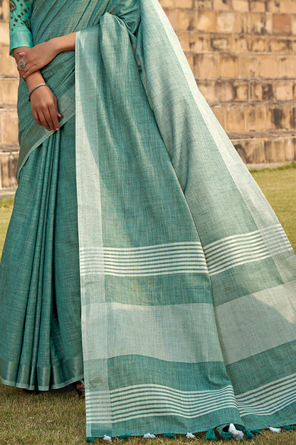 Lassitude Sea Green Cotton Silk Saree With Resplendent Blouse Piece