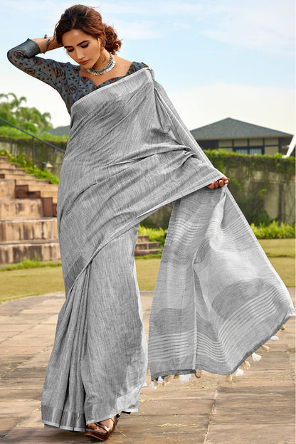 Brood Grey Cotton Silk Saree With Incredible Blouse Piece