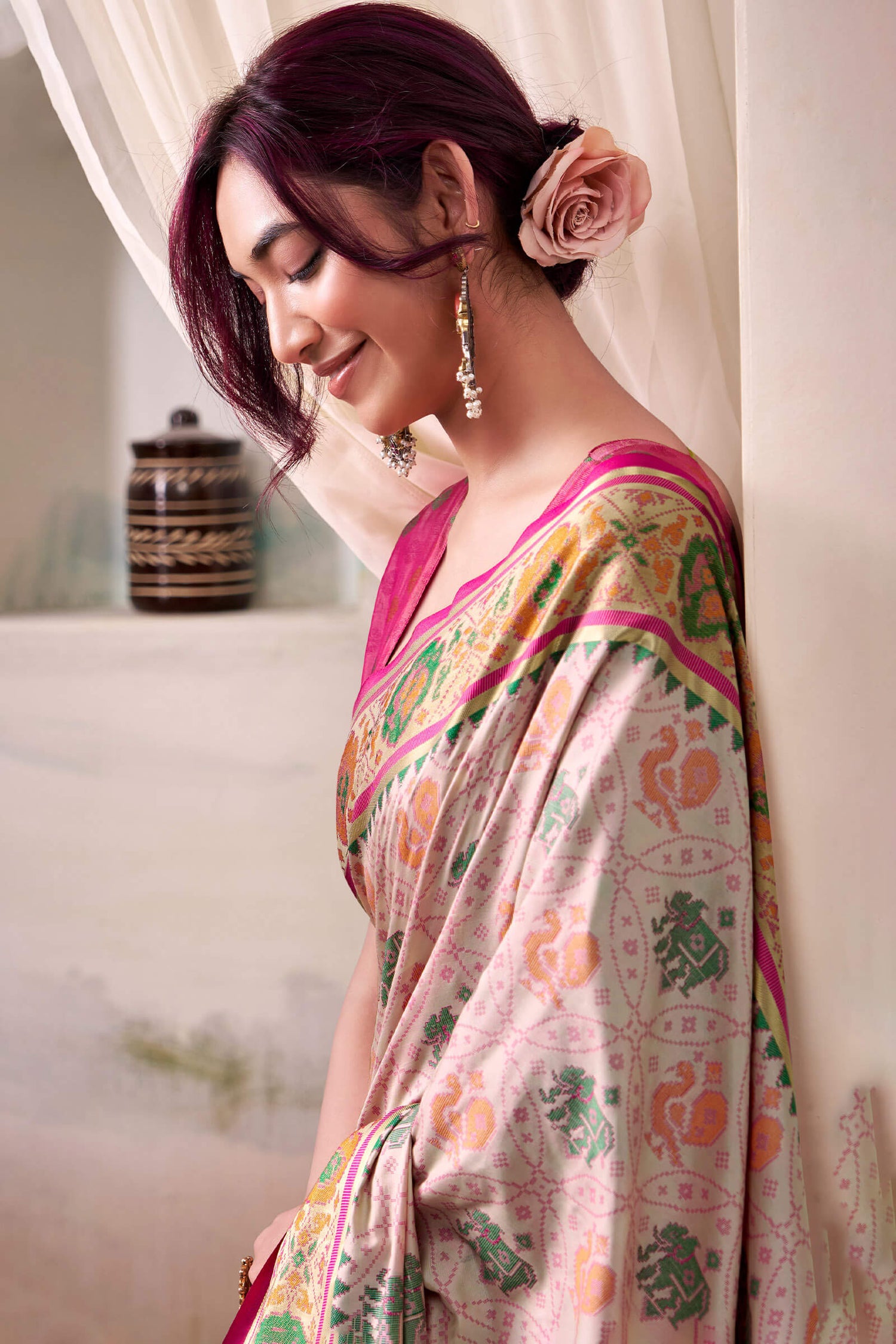 Marvellous Beige Patola Silk Saree With Tremendous Blouse Piece