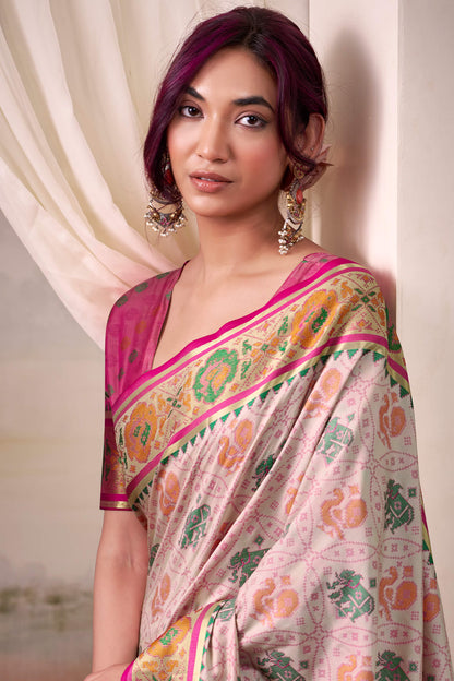 Marvellous Beige Patola Silk Saree With Tremendous Blouse Piece