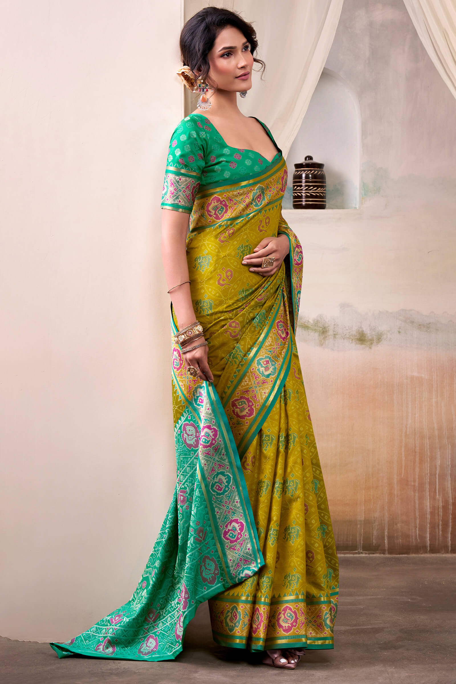 Zephyr Mehndi Patola Silk Saree With Inspiring Blouse Piece