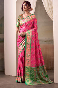 Amiable Pink Patola Silk Saree With Flamboyant Blouse Piece