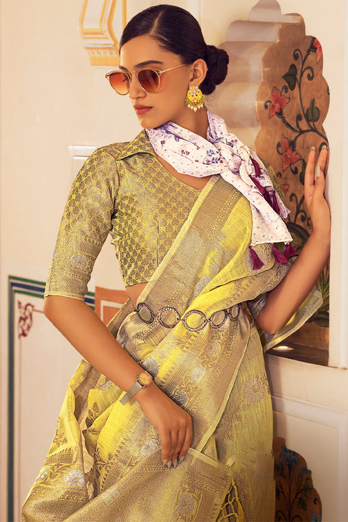 Load image into Gallery viewer, Jazzy Yellow Cotton Silk Saree With Rhapsody Blouse Piece
