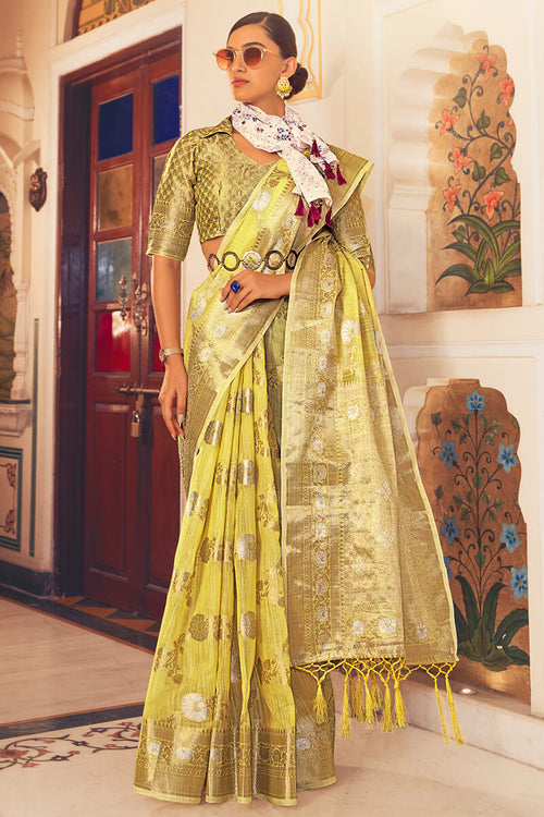 Load image into Gallery viewer, Jazzy Yellow Cotton Silk Saree With Rhapsody Blouse Piece
