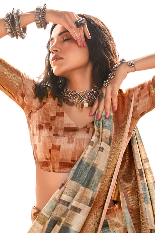 Load image into Gallery viewer, Energetic Brown Digital Printed Soft Silk Saree With Whimsical Blouse Piece
