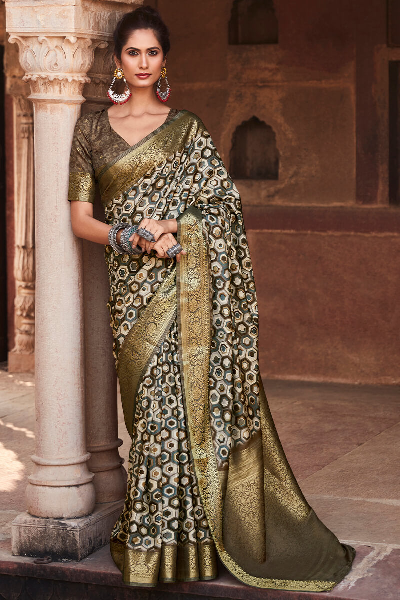 Ethnic Brown Digital Printed Soft Silk Saree With Nebula Blouse Piece