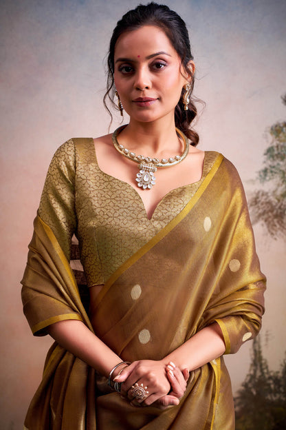 Surreptitious Brown Banarasi Tissue Silk Saree With Extraordinary Blouse Piece