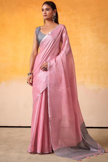 Resplendent Pink Soft Banarasi Tissue Silk Saree With Resonant Blouse Piece