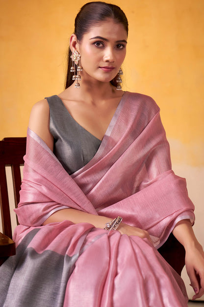 Resplendent Pink Soft Banarasi Tissue Silk Saree With Resonant Blouse Piece