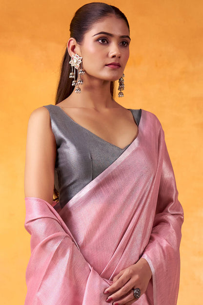 Resplendent Pink Soft Banarasi Tissue Silk Saree With Resonant Blouse Piece