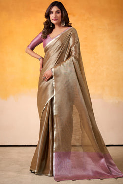 Desultory Brown Soft Banarasi Tissue Silk Saree With Designer Blouse Piece