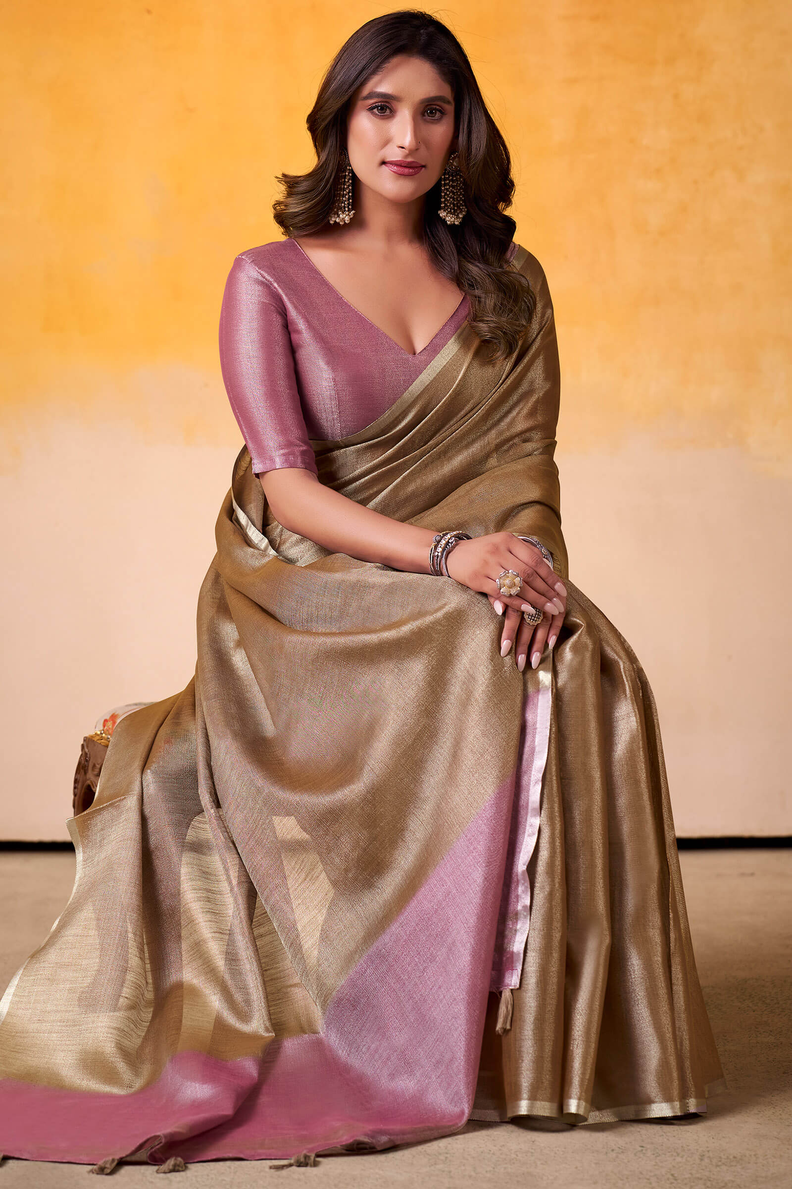 Desultory Brown Soft Banarasi Tissue Silk Saree With Designer Blouse Piece