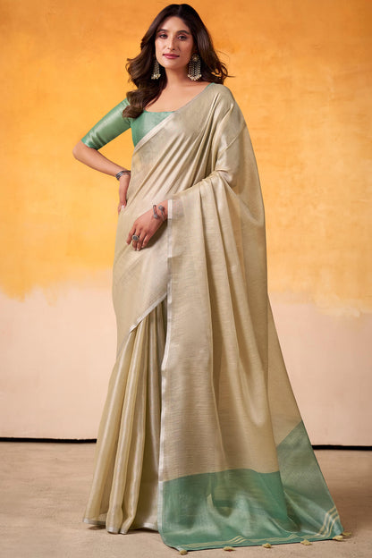 Entrancing Beige Soft Banarasi Tissue Silk Saree With Murmurous Blouse Piece