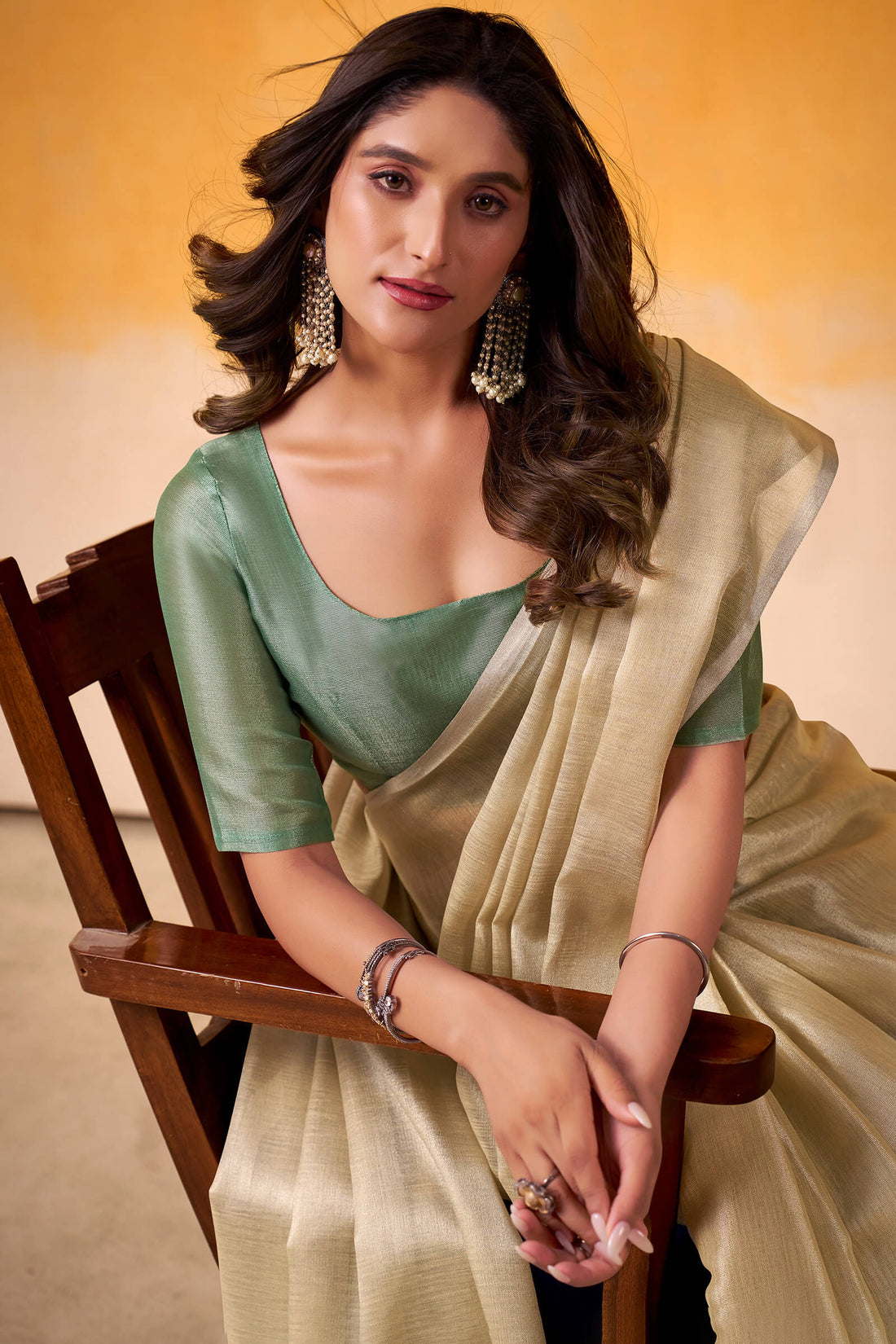 Entrancing Beige Soft Banarasi Tissue Silk Saree With Murmurous Blouse Piece