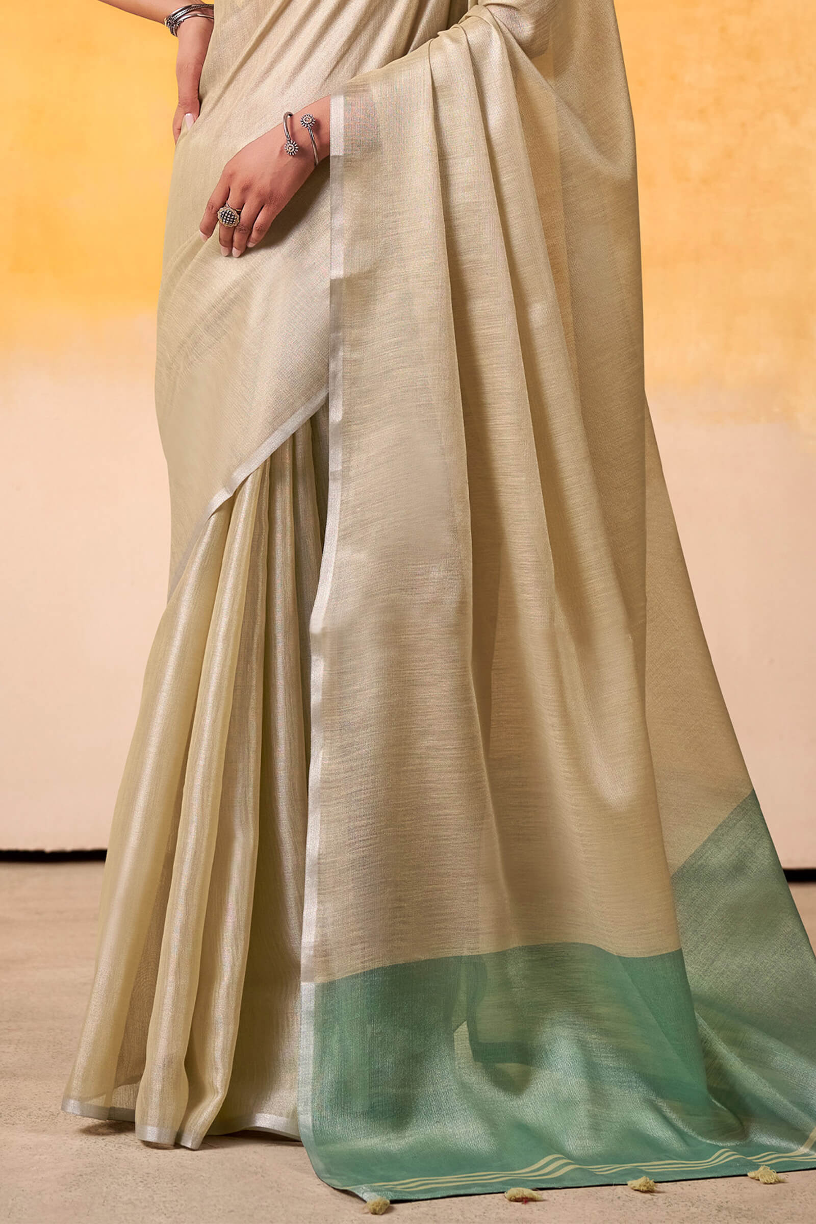 Entrancing Beige Soft Banarasi Tissue Silk Saree With Murmurous Blouse Piece