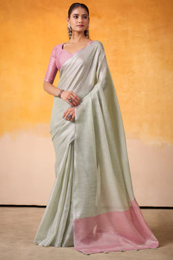 Woebegone Pista Soft Banarasi Tissue Silk Saree With Splendiferous Blouse Piece