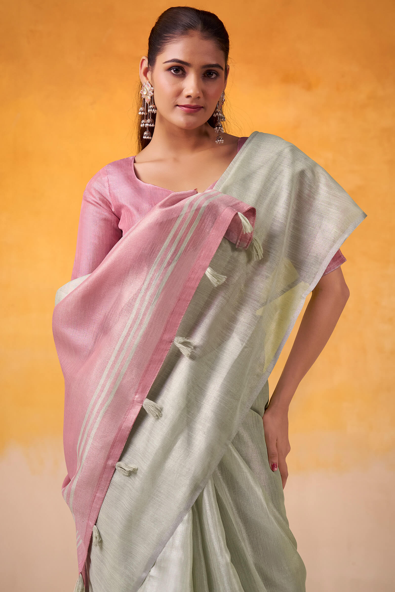 Woebegone Pista Soft Banarasi Tissue Silk Saree With Splendiferous Blouse Piece
