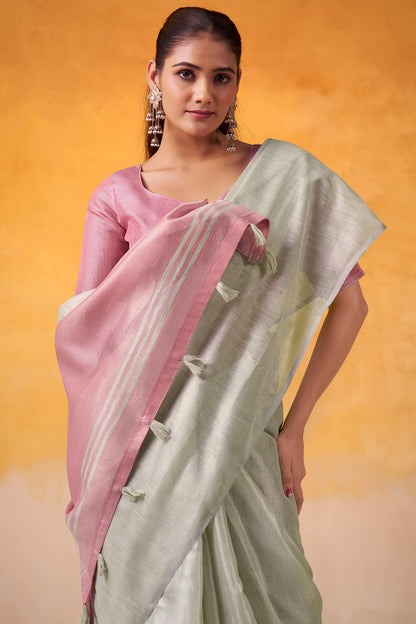 Woebegone Pista Soft Banarasi Tissue Silk Saree With Splendiferous Blouse Piece