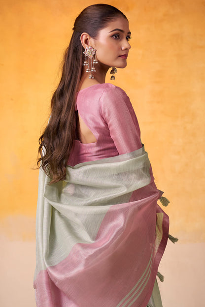 Woebegone Pista Soft Banarasi Tissue Silk Saree With Splendiferous Blouse Piece