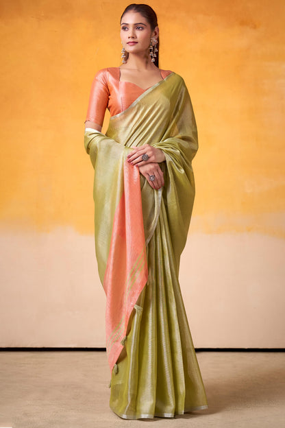 Precious Green Soft Banarasi Tissue Silk Saree With Unequalled Blouse Piece