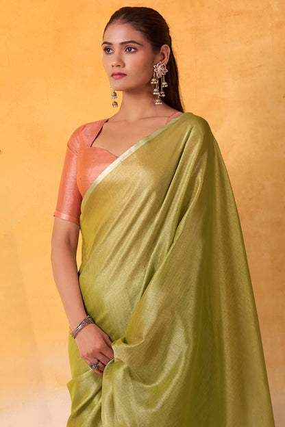 Precious Green Soft Banarasi Tissue Silk Saree With Unequalled Blouse Piece