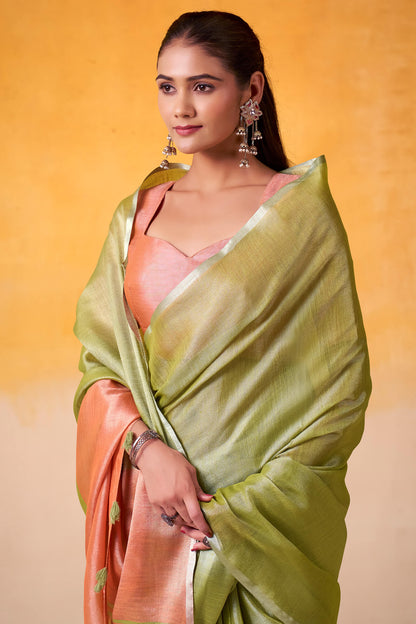Precious Green Soft Banarasi Tissue Silk Saree With Unequalled Blouse Piece