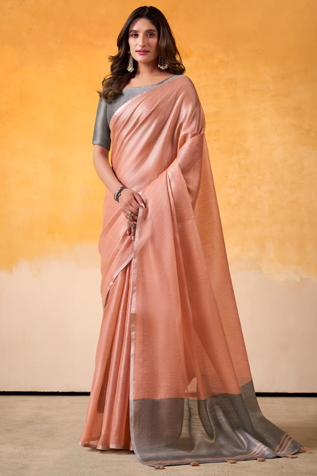 Beautiful Peach Soft Banarasi Tissue Silk Saree With Snappy Blouse Piece