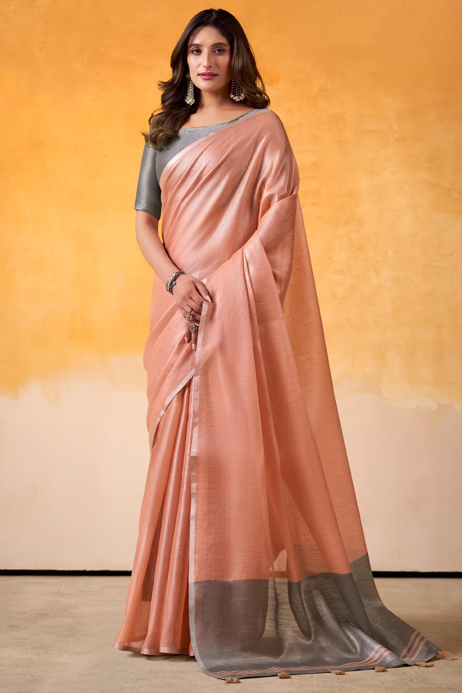 Beautiful Peach Soft Banarasi Tissue Silk Saree With Snappy Blouse Piece