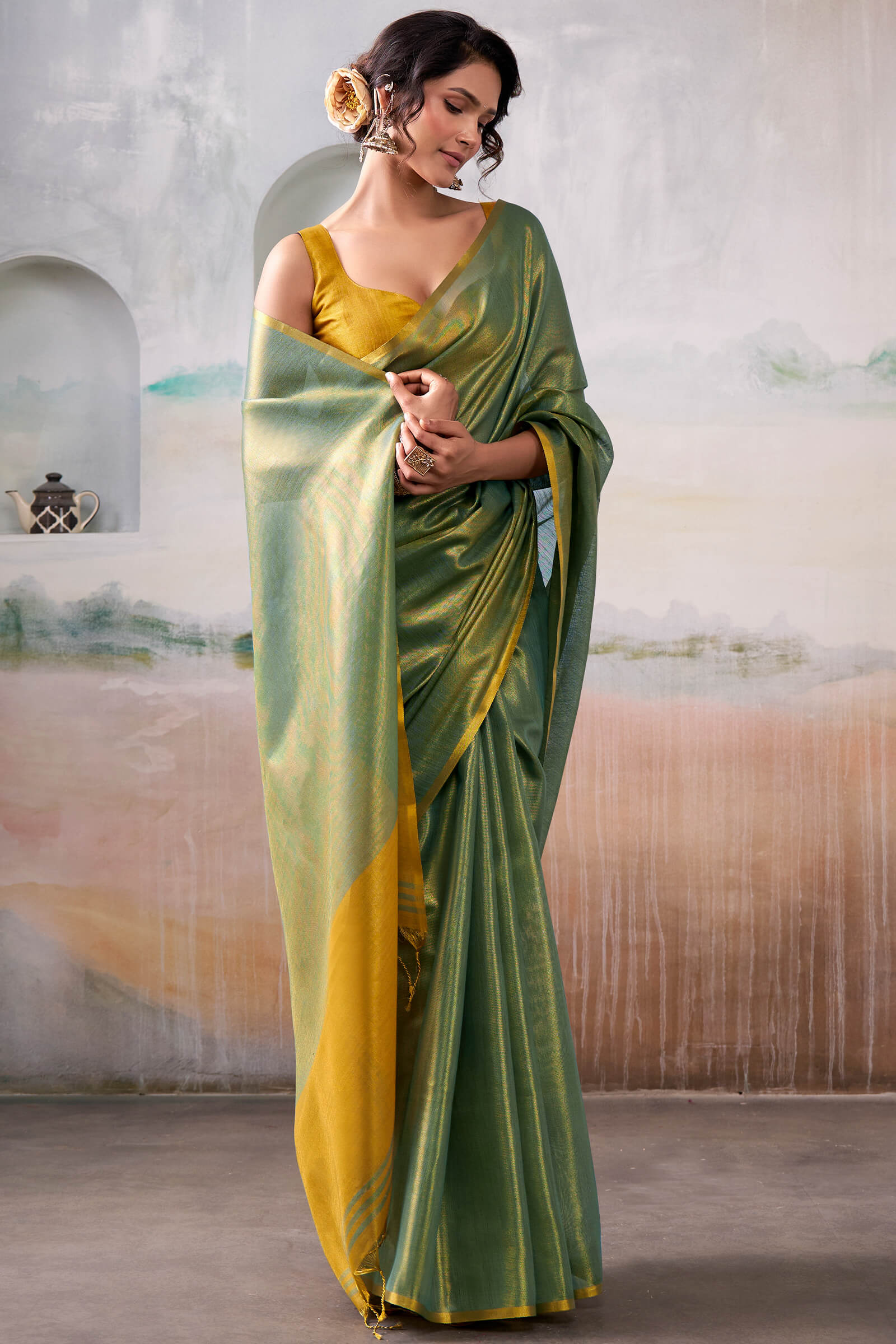 Fantabulous Green Soft Banarasi Tissue Silk Saree With Skinny Blouse Piece