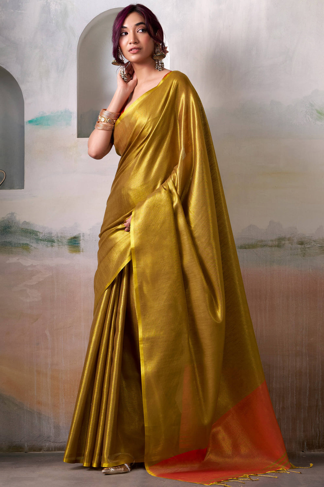 Ailurophile Golden Soft Banarasi Tissue Silk Saree With Dazzling Blouse Piece