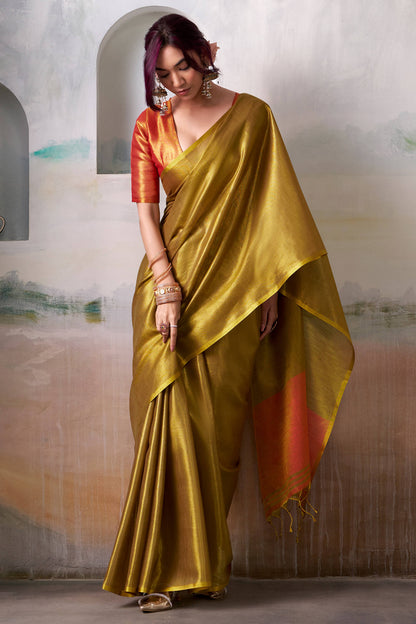 Ailurophile Golden Soft Banarasi Tissue Silk Saree With Dazzling Blouse Piece