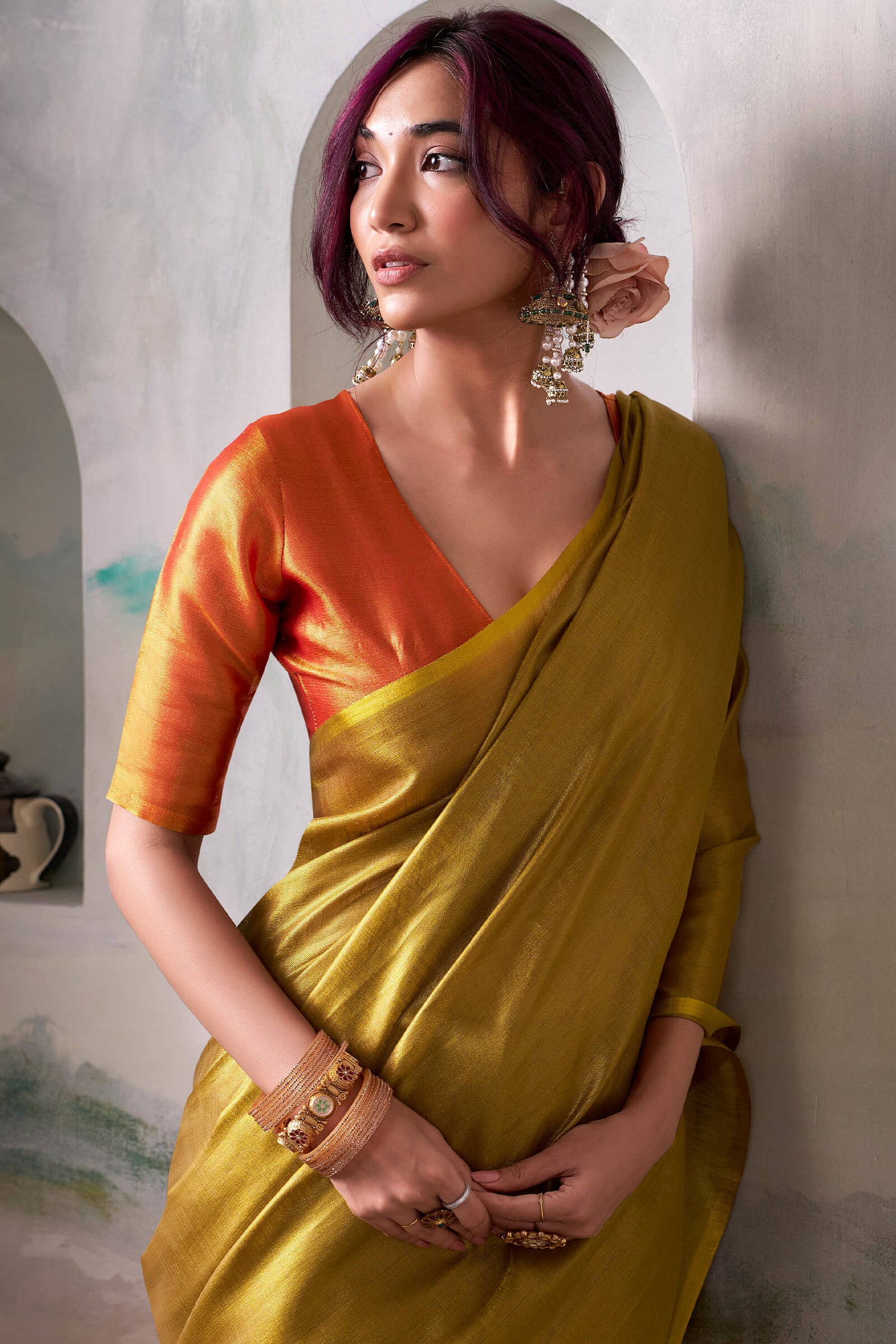 Ailurophile Golden Soft Banarasi Tissue Silk Saree With Dazzling Blouse Piece