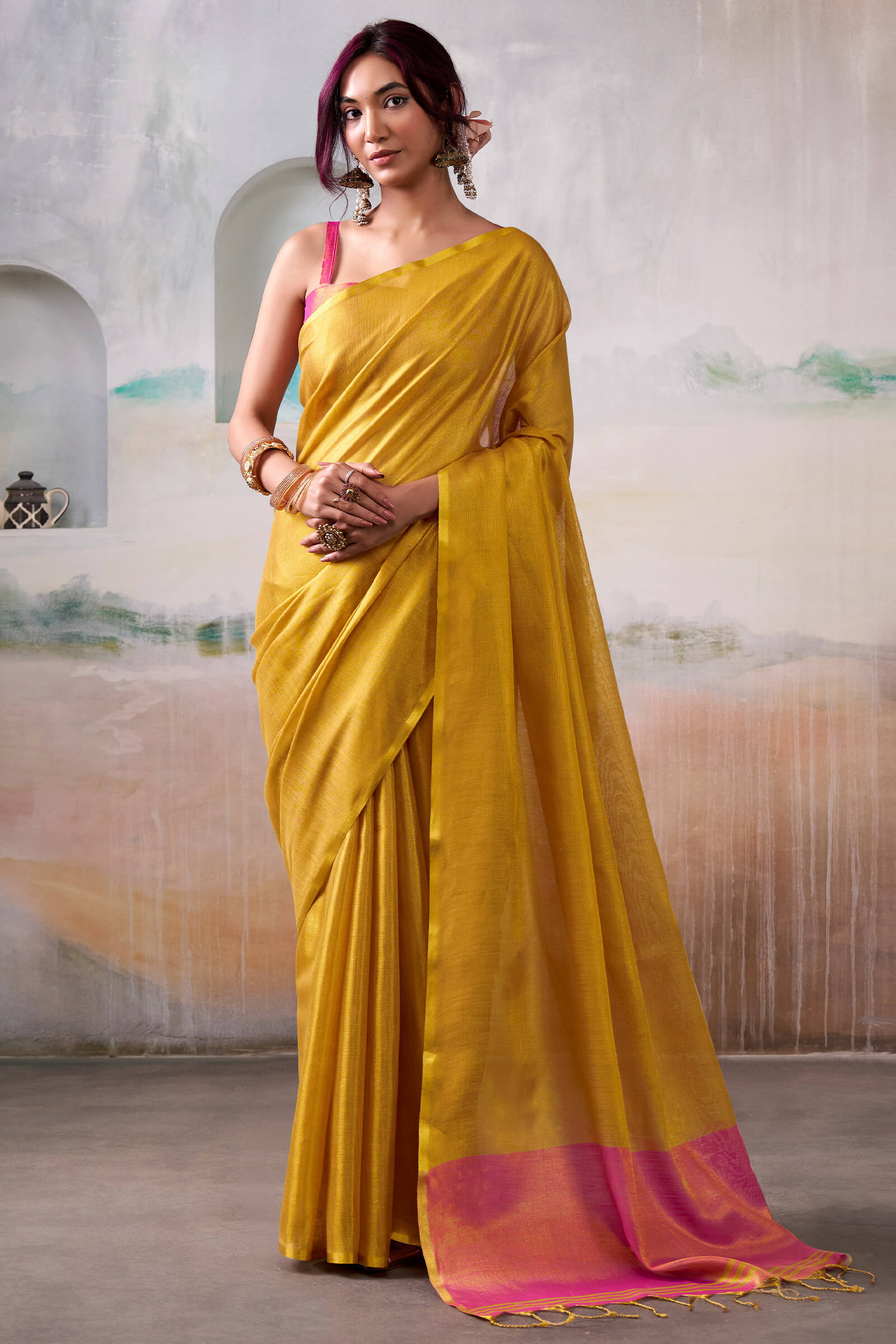 Mesmeric Mustard Soft Banarasi Tissue Silk Saree With Ephemeral Blouse Piece