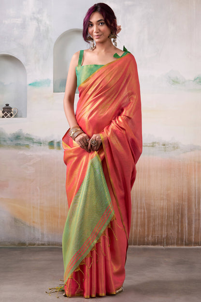 Cynosure Pink Soft Banarasi Tissue Silk Saree With Energetic Blouse Piece