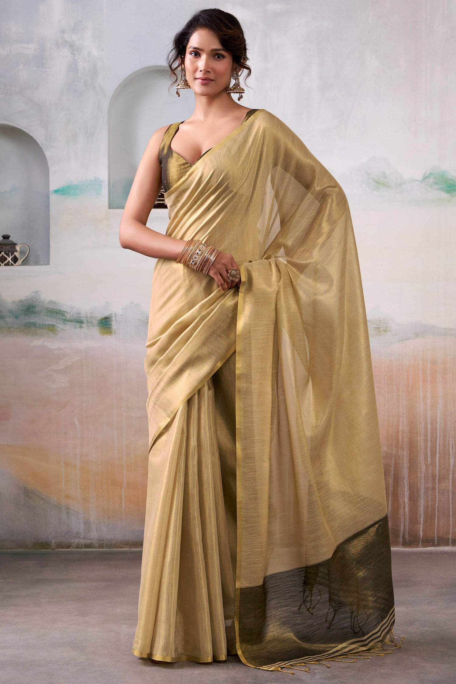 Bewitching Beige Soft Banarasi Tissue Silk Saree With Serendipity Blouse Piece