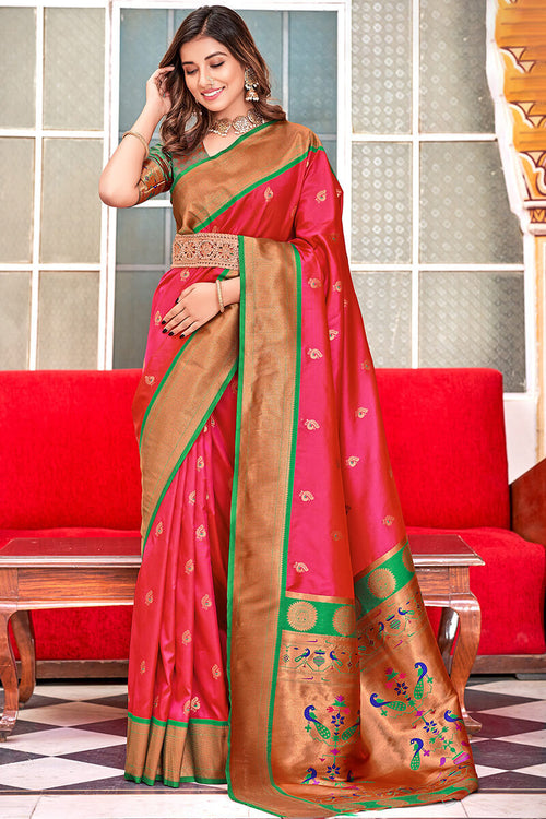 Load image into Gallery viewer, Desiring Dark Pink Paithani Silk Saree With Fancifull Blouse Piece
