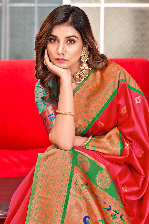 Load image into Gallery viewer, Desiring Dark Pink Paithani Silk Saree With Fancifull Blouse Piece
