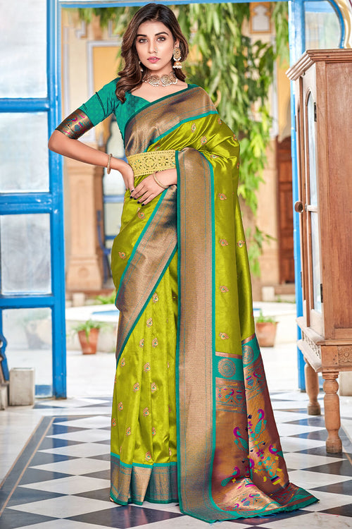 Load image into Gallery viewer, Flamboyant Mehndi Paithani Silk Saree With Fairytale Blouse Piece
