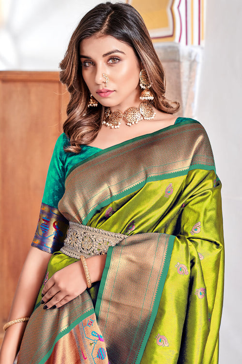 Load image into Gallery viewer, Flamboyant Mehndi Paithani Silk Saree With Fairytale Blouse Piece
