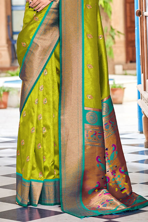 Load image into Gallery viewer, Flamboyant Mehndi Paithani Silk Saree With Fairytale Blouse Piece
