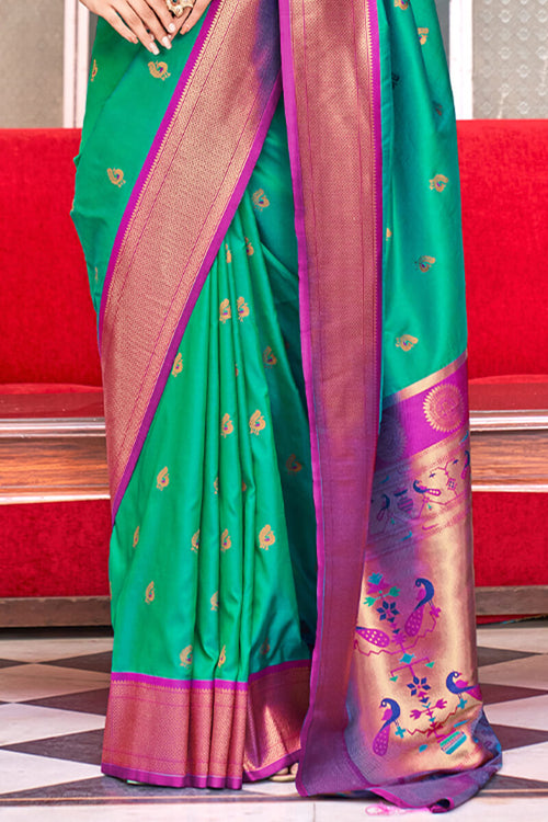 Load image into Gallery viewer, Desultory Sea Green Paithani Silk Saree With Epiphany Blouse Piece
