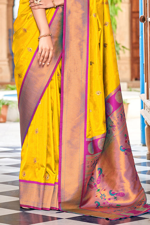 Load image into Gallery viewer, Sempiternal Yellow Paithani Silk Saree With Denouement Blouse Piece
