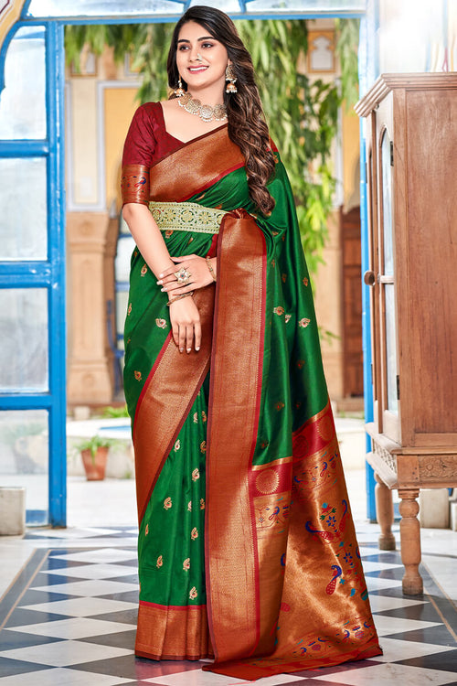 Load image into Gallery viewer, Imaginative Dark Green Paithani Silk Saree With Magnificat Blouse Piece
