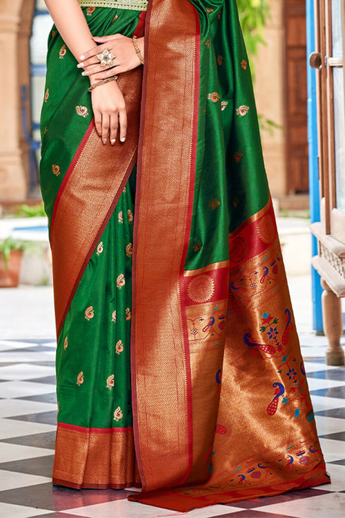 Load image into Gallery viewer, Imaginative Dark Green Paithani Silk Saree With Magnificat Blouse Piece
